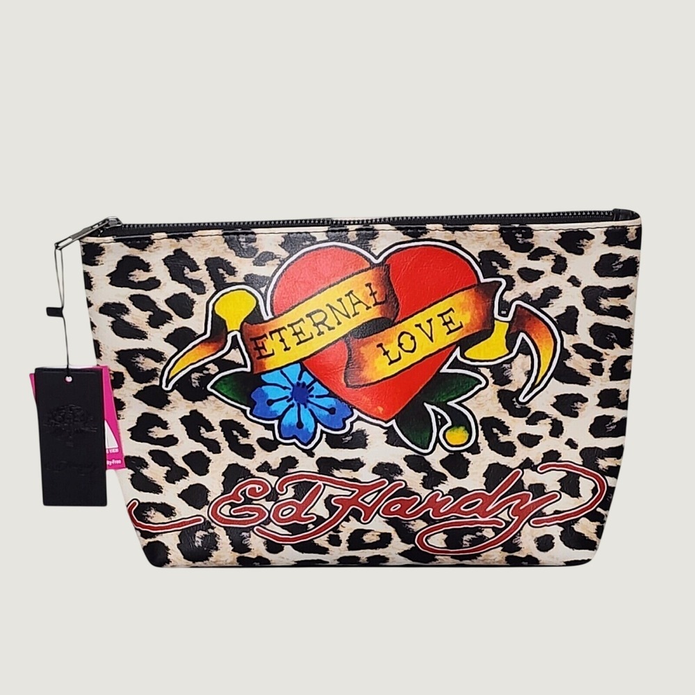 Ed Hardy Cosmetic Case Women Tan Leopard Eternal Love Tattoo Graphic Bag NEW